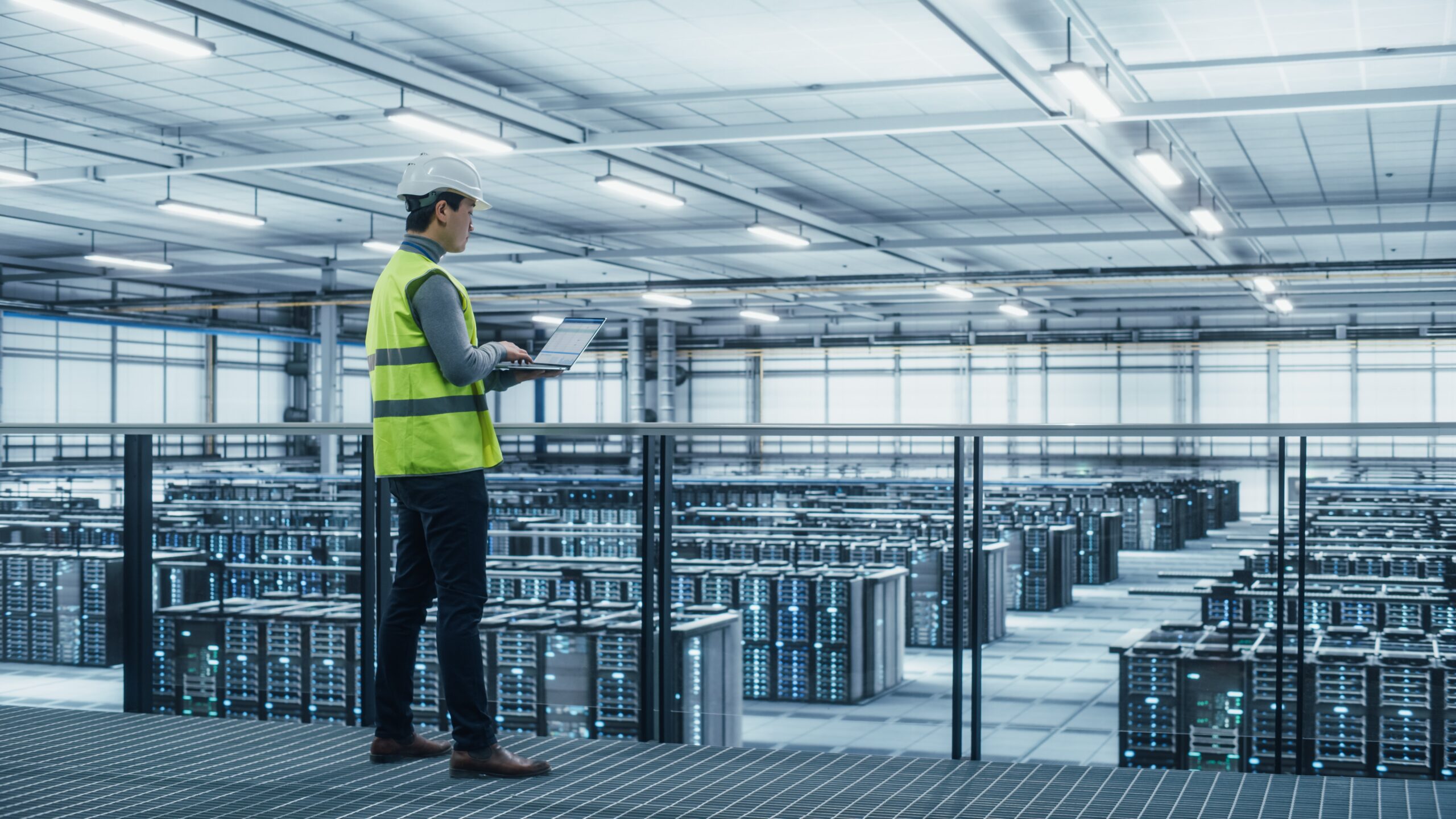 Data,center,engineer,in,high,visibility,vest,using,laptop,computer.