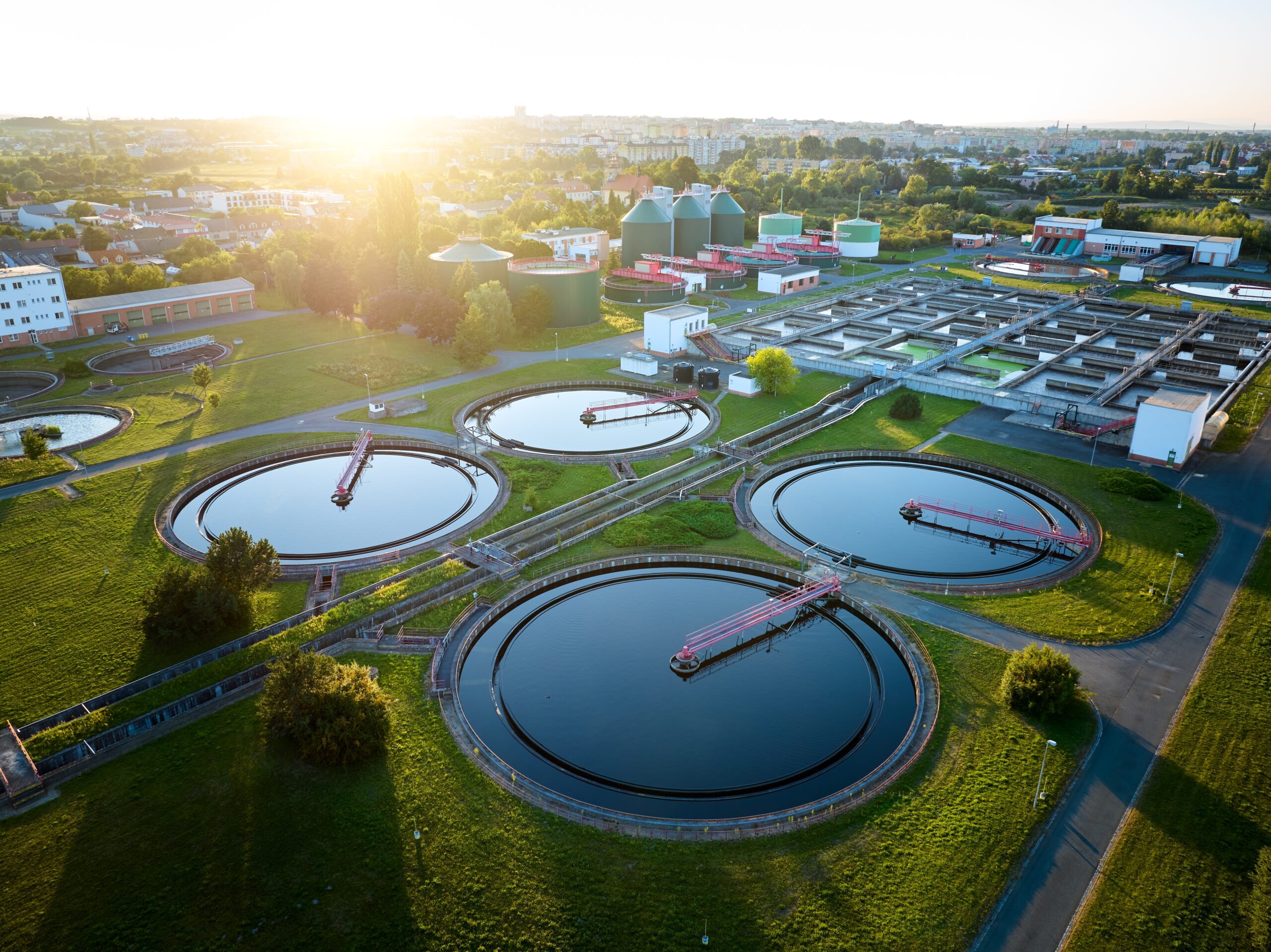 Aerial,view,of,wastewater,treatment,plant,at,sunrise,,ideal,for